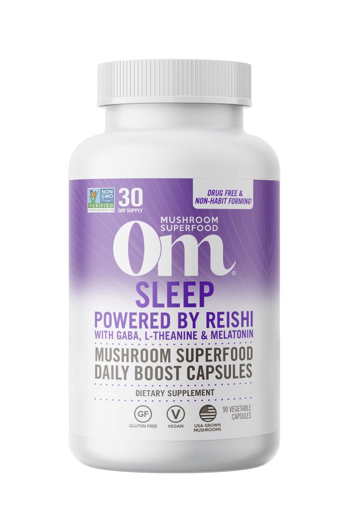 Front view of OM Mushroom Sleep Capsule bottle