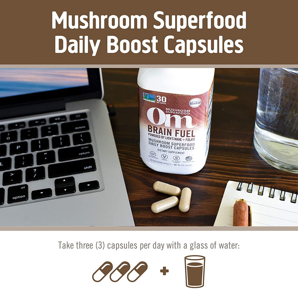 Serving suggestion with three capsules and a glass of water