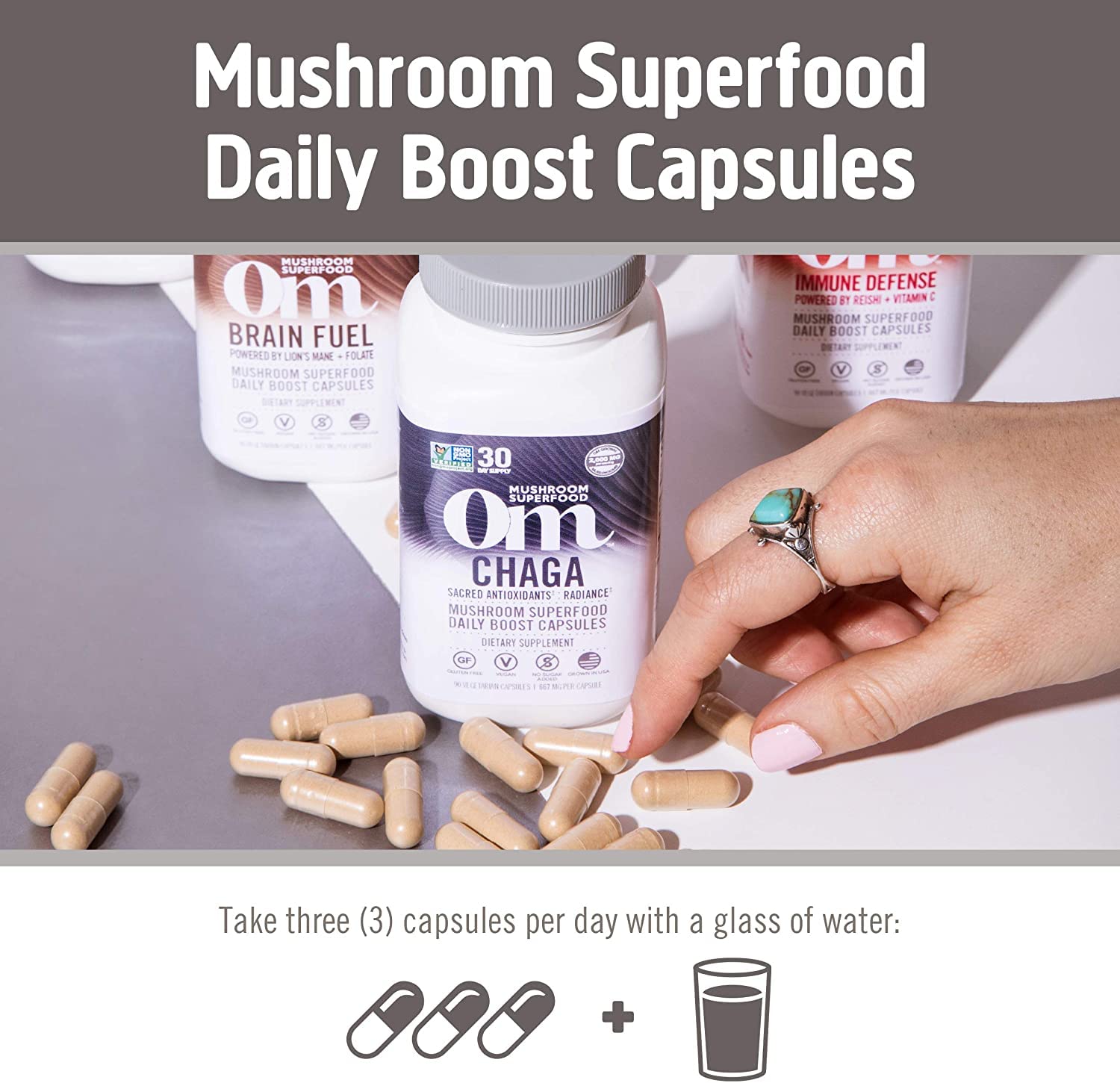 Mushroom powder and capsules arranged on wooden surface