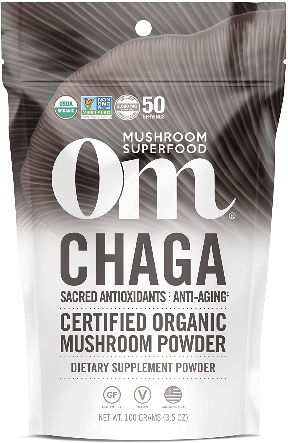 Front view of Om Mushroom Superfood Chaga Powder 3.5 oz, US grown