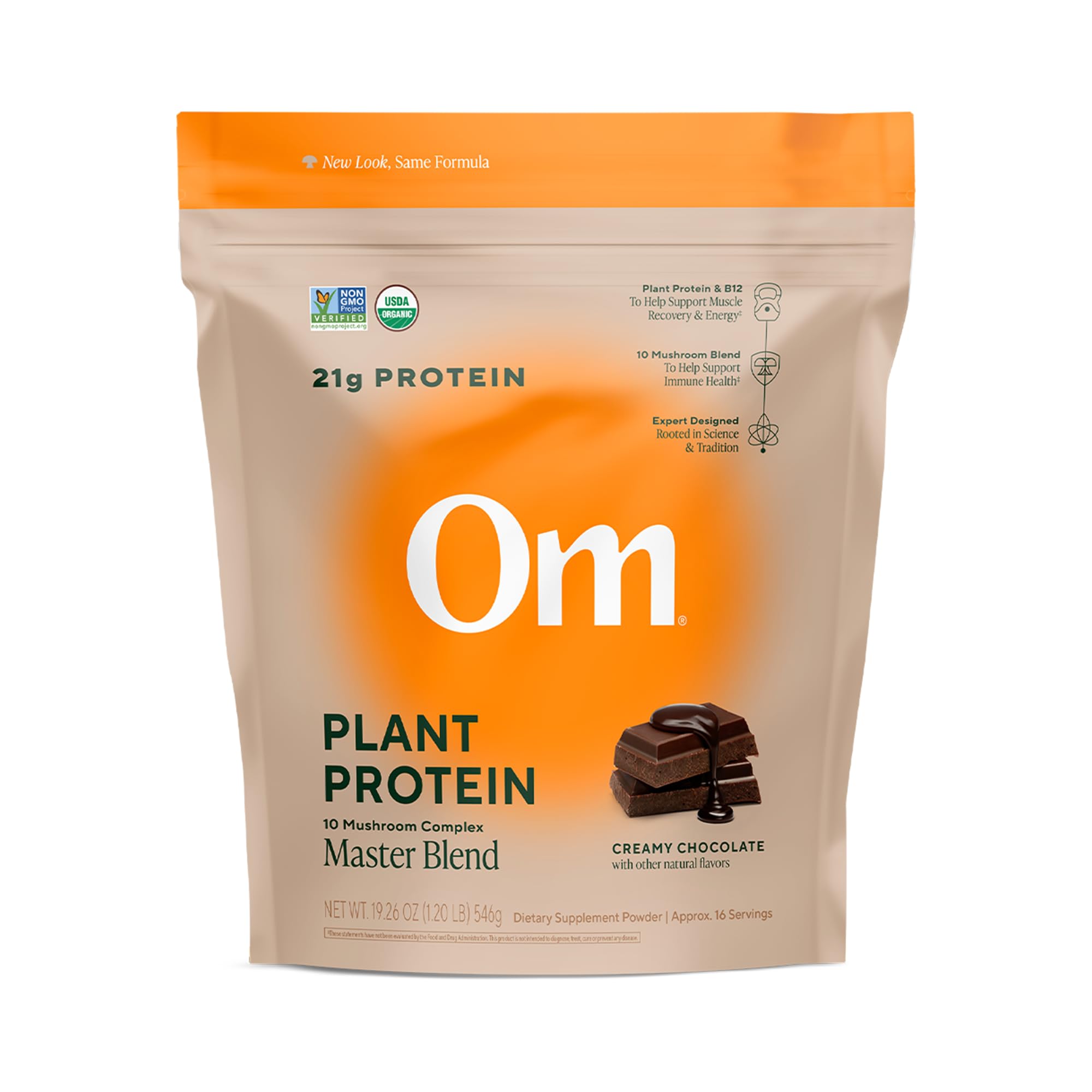 OM Mushroom Superfood Master Blend chocolate vegan protein scoop with serving size 21g