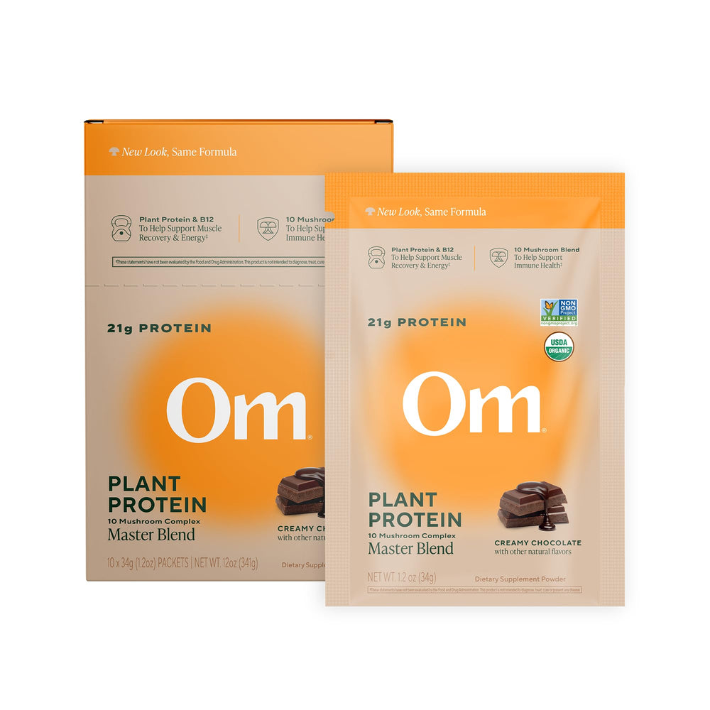 Front view of OM Mushroom Superfood Master Blend vegan protein powder chocolate single-serve packet