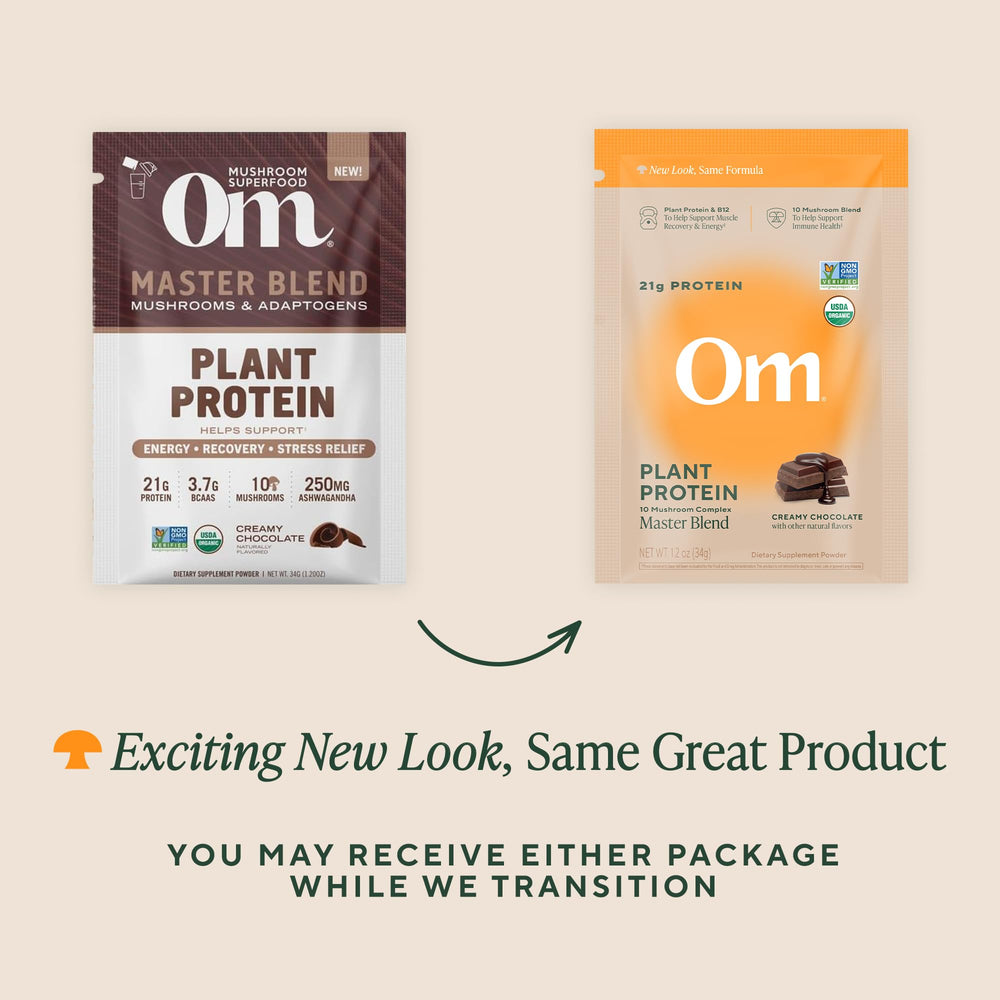 Pouring chocolate-flavored vegan protein powder from a single-serve packet