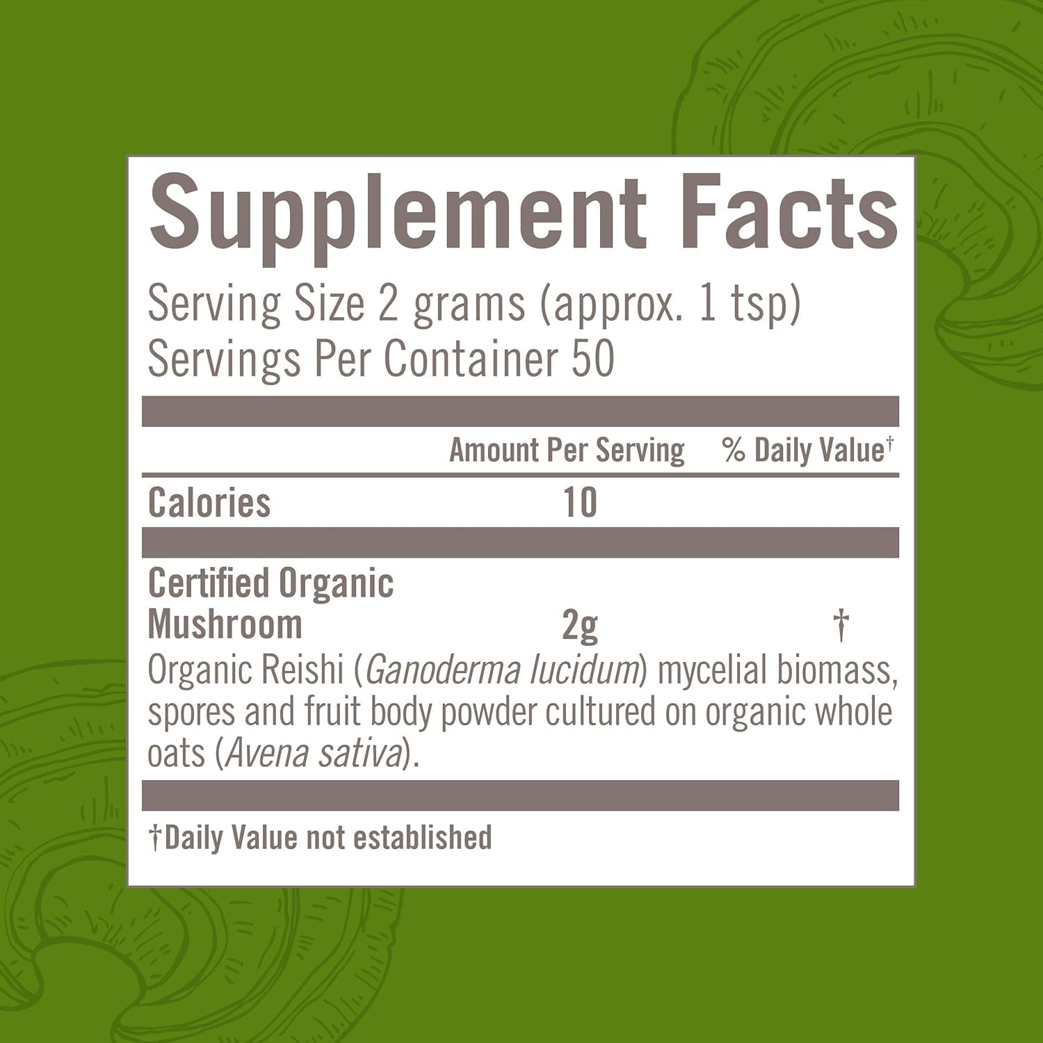 Ingredients and organic sourcing information for Reishi powder