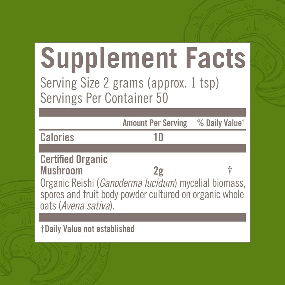Ingredients and organic sourcing information for Reishi powder