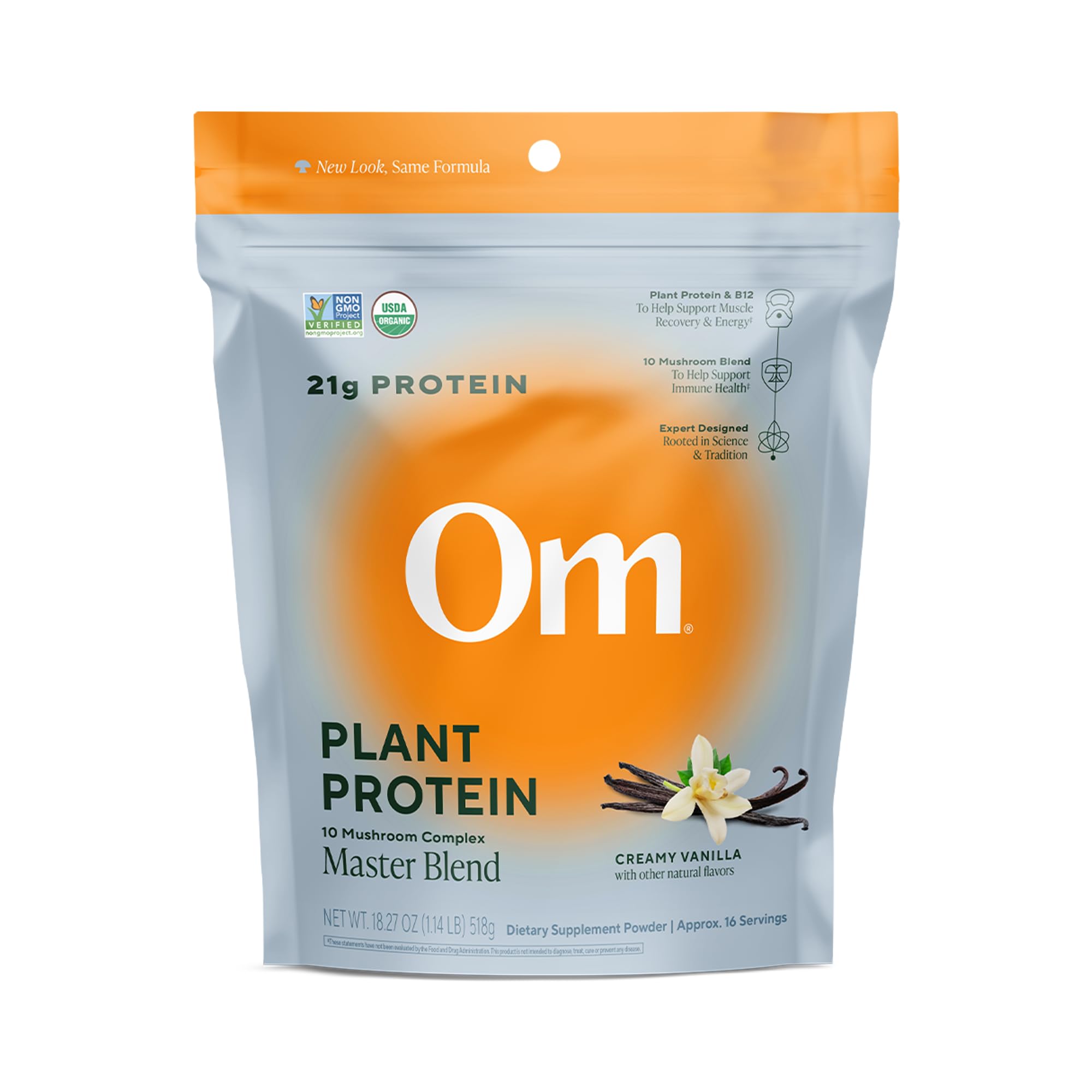 OM Mushroom Superfood Master Blend Vanilla protein powder canister