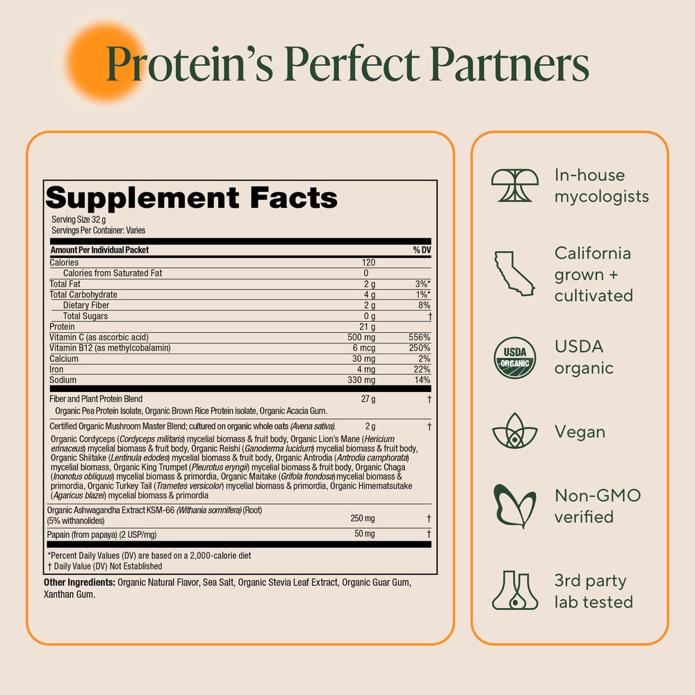 Nutrition highlights showing 21g protein and 3.7g BCAAs per serving