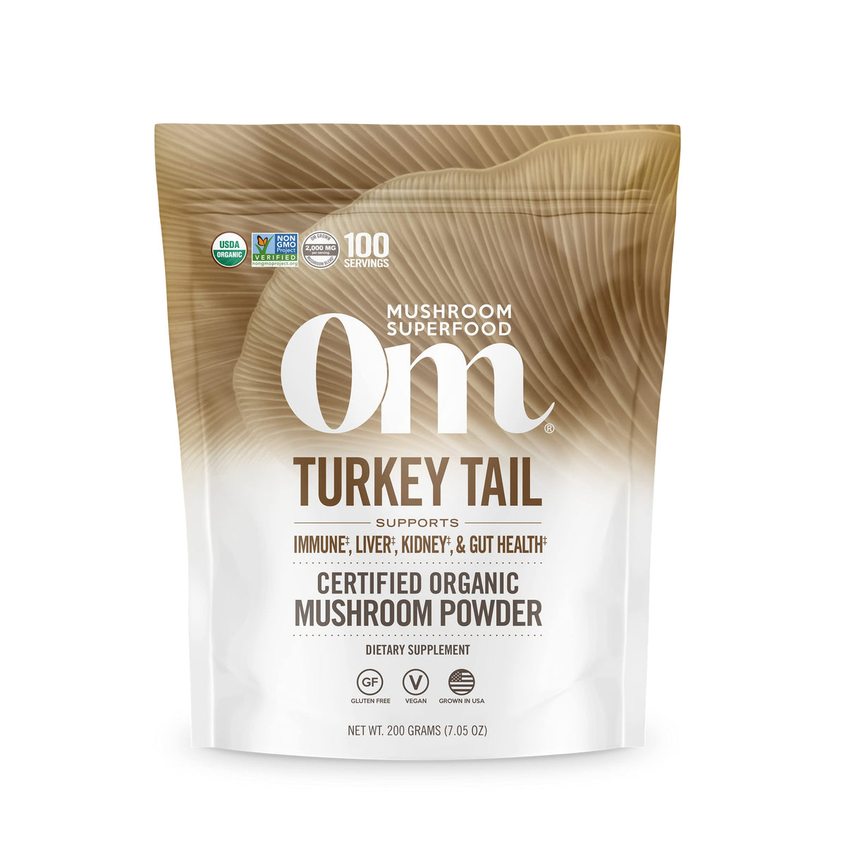 Front view of Om Mushroom Turkey Tail organic powder 7.05 oz package