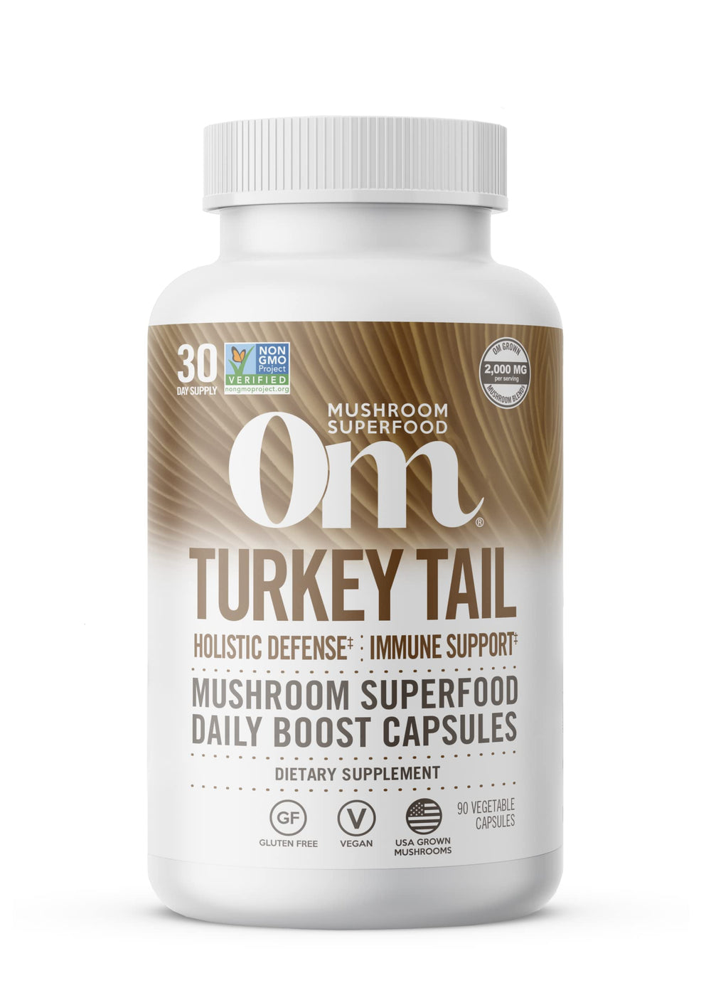 Front view of Om Turkey Tail capsules bottle 90 count