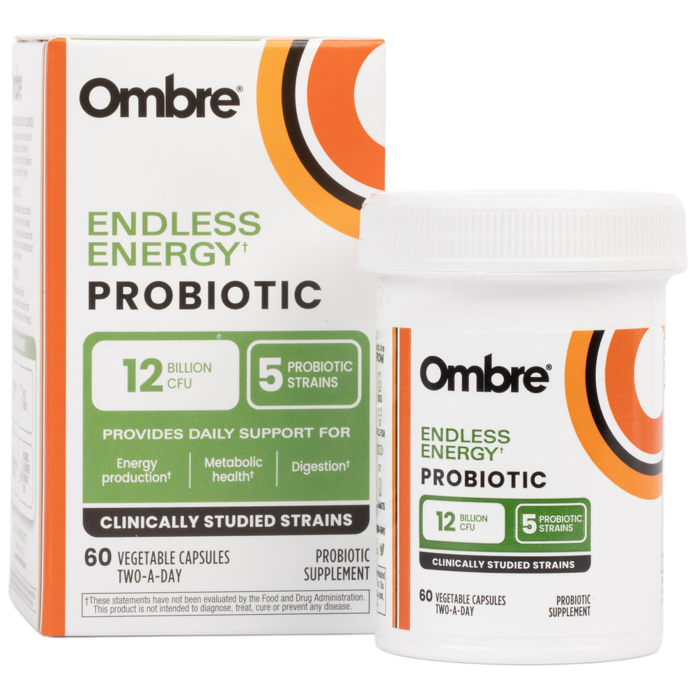 Ombre Endless Energy probiotic bottle on white background