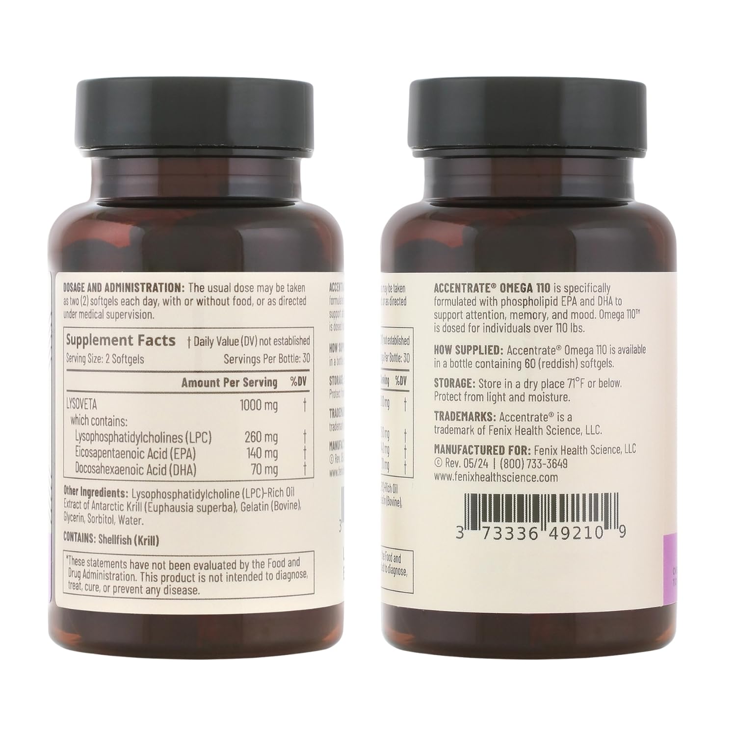 Omega-110 product image highlighting focus, memory, mood, and vision support