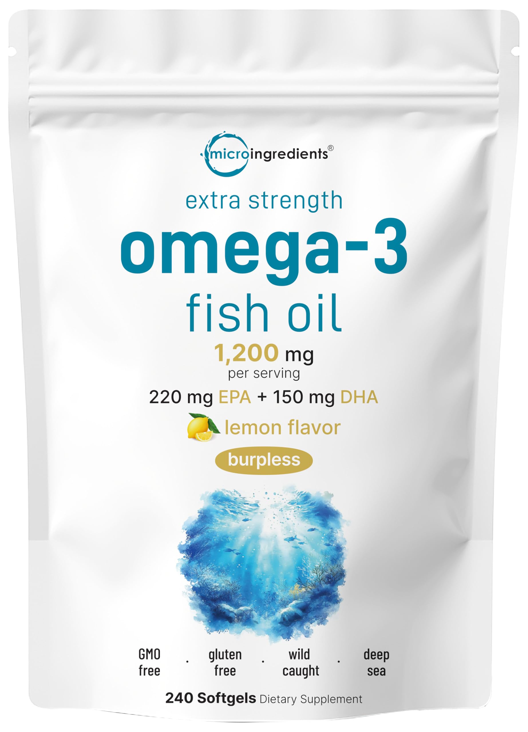 Micro Ingredients Omega-3 1200mg lemon burpless softgels, 240-count