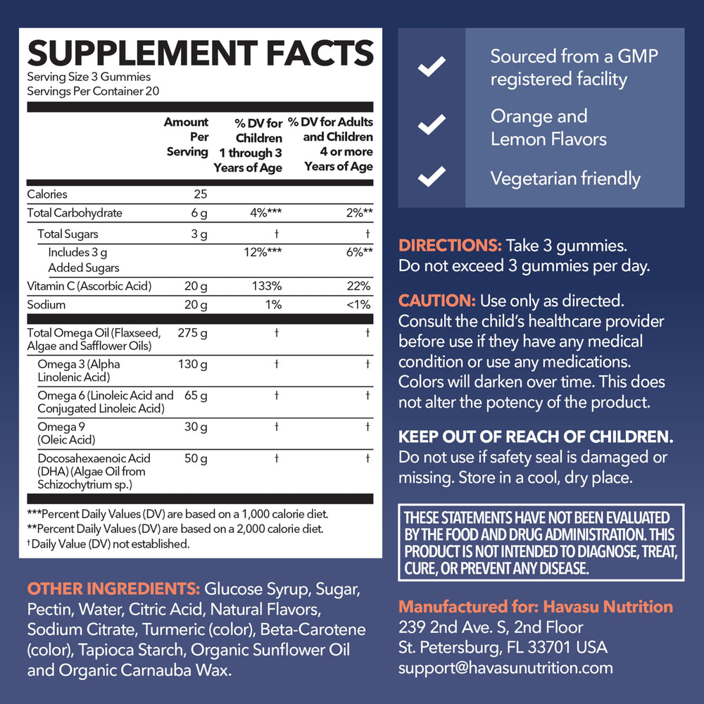 Bottle label for Omega 3-6-9 + DHA Gummies for Kids Lemon and Orange flavor