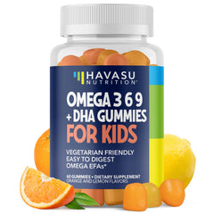 Front view of Omega 3-6-9 + DHA Gummies for Kids in Lemon Orange flavor