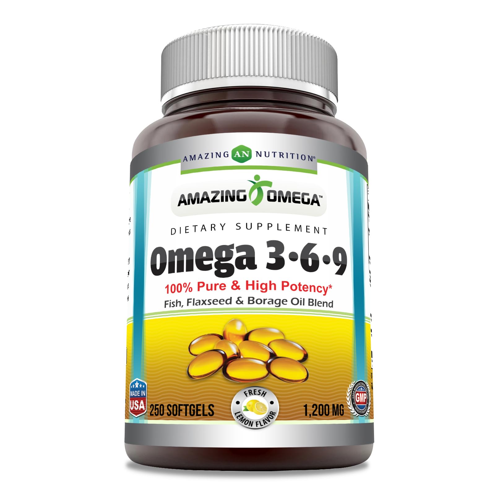 Amazing Omega 3.6.9 lemon bottle with 250 softgels
