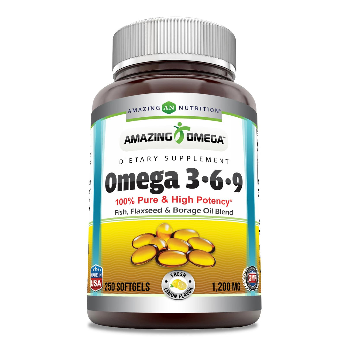 Amazing Omega 3.6.9 lemon bottle with 250 softgels
