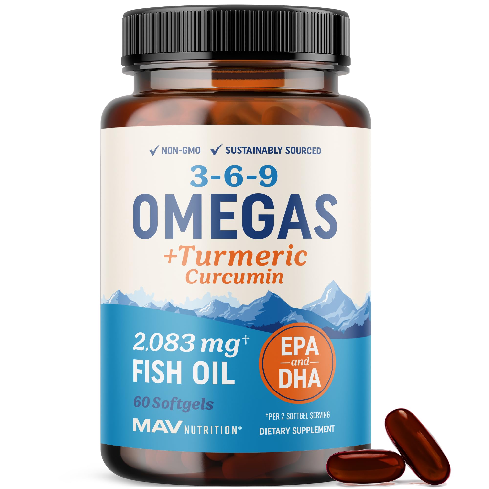 Omega 3-6-9 Turmeric Curcumin supplement bottle front view