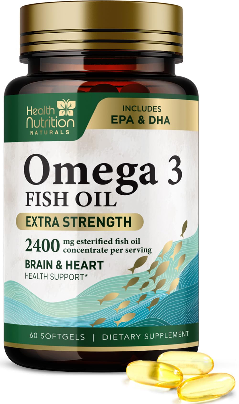 Omega 3 Fish Oil 2400mg bottle with 60 softgels