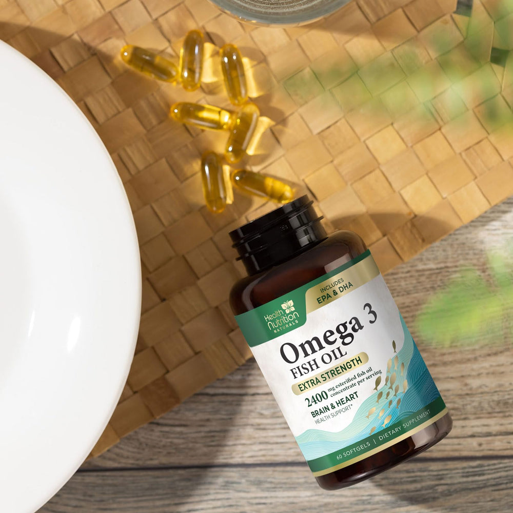 Nutrition facts panel and seal on Omega 3 bottle