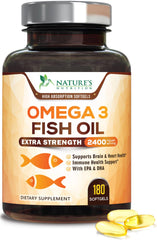 Bottle of Omega 3 Fish Oil 2400 mg triple-strength with lemon flavor