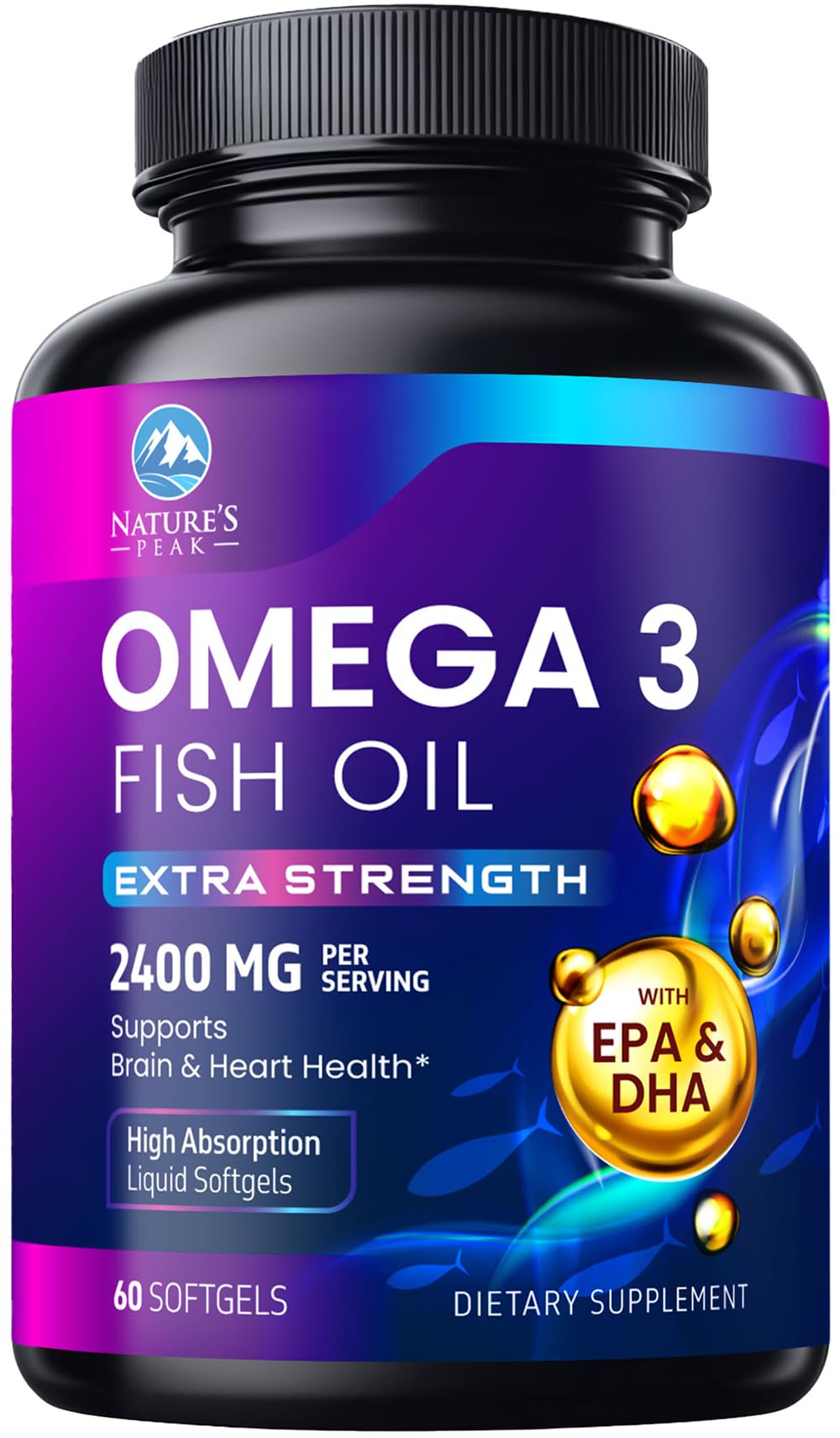 Omega 3 Fish Oil 2400 mg triple strength softgels bottle on counter