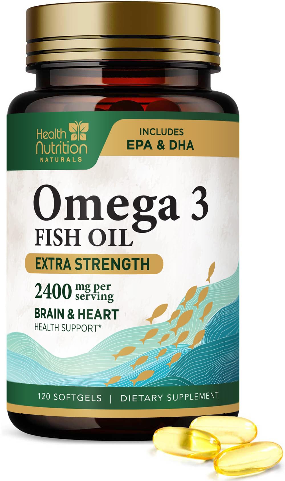 Front label of Omega 3 Fish Oil 2400mg bottle