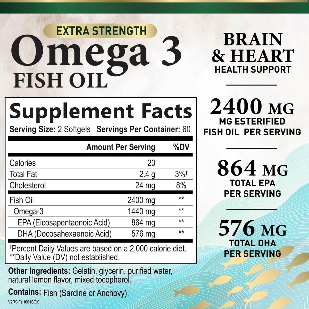Close-up of Omega 3 Fish Oil 2400mg softgels