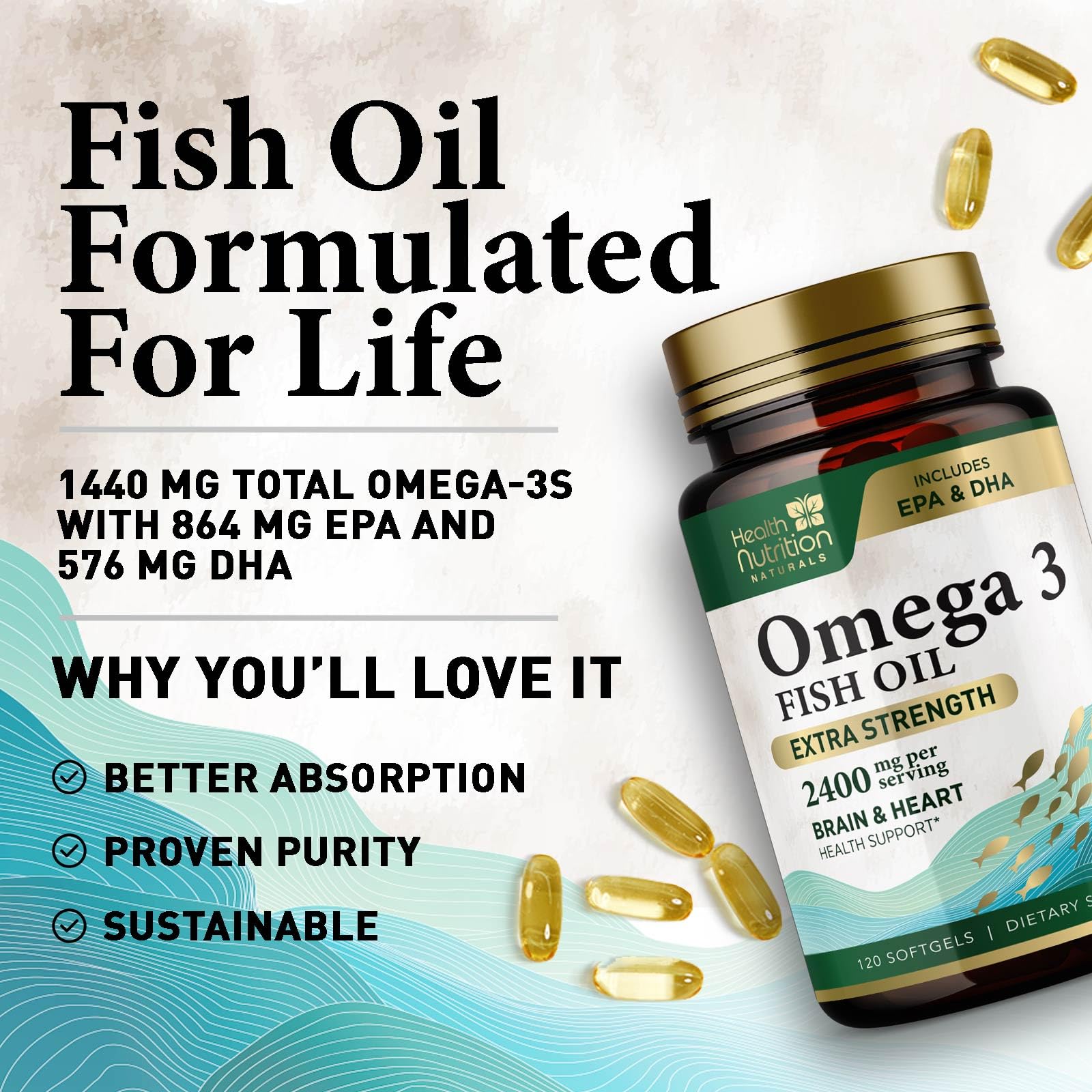 Back panel with ingredients and directions on Omega 3 Fish Oil 2400mg bottle
