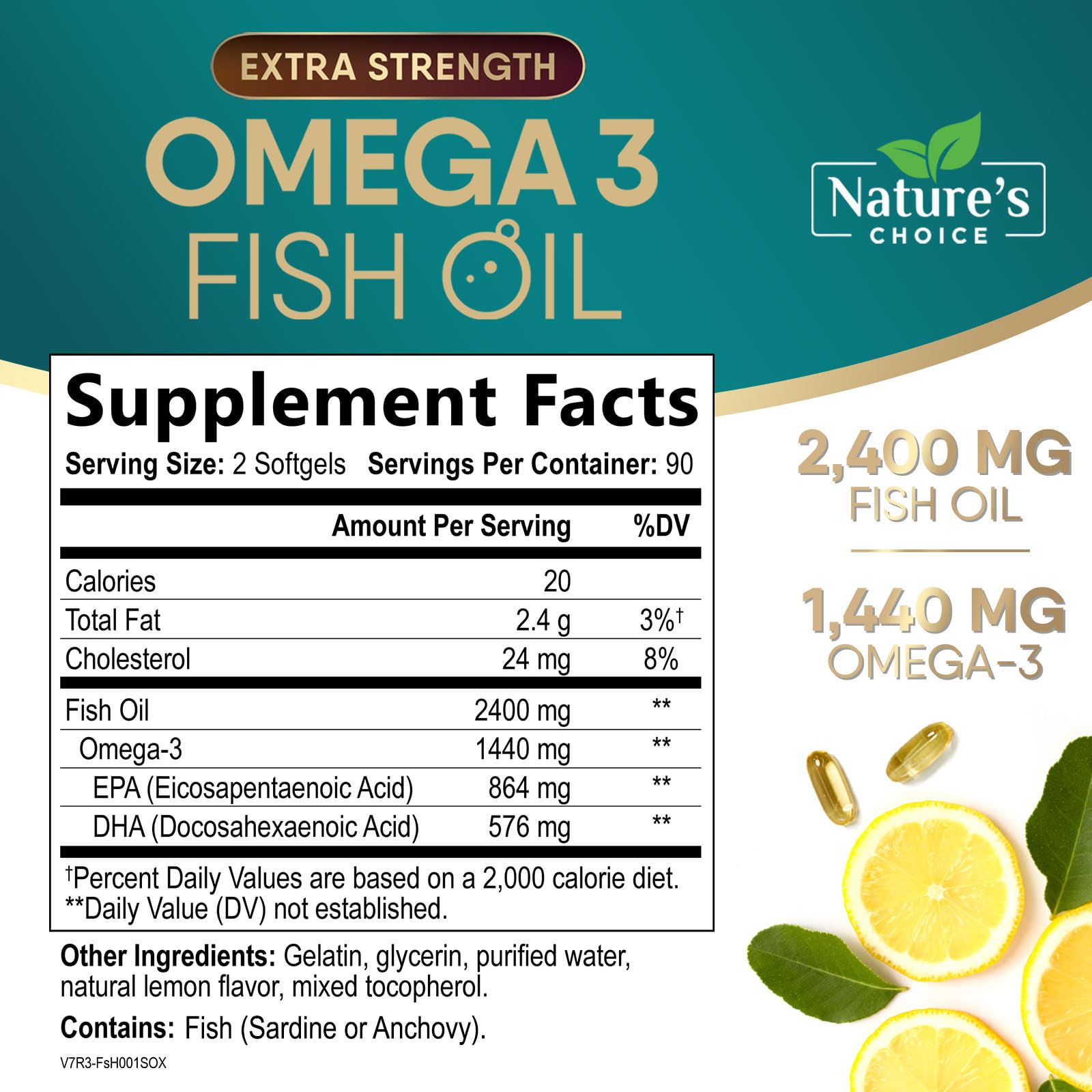 Front view of omega-3 fish oil bottle with 180 softgels