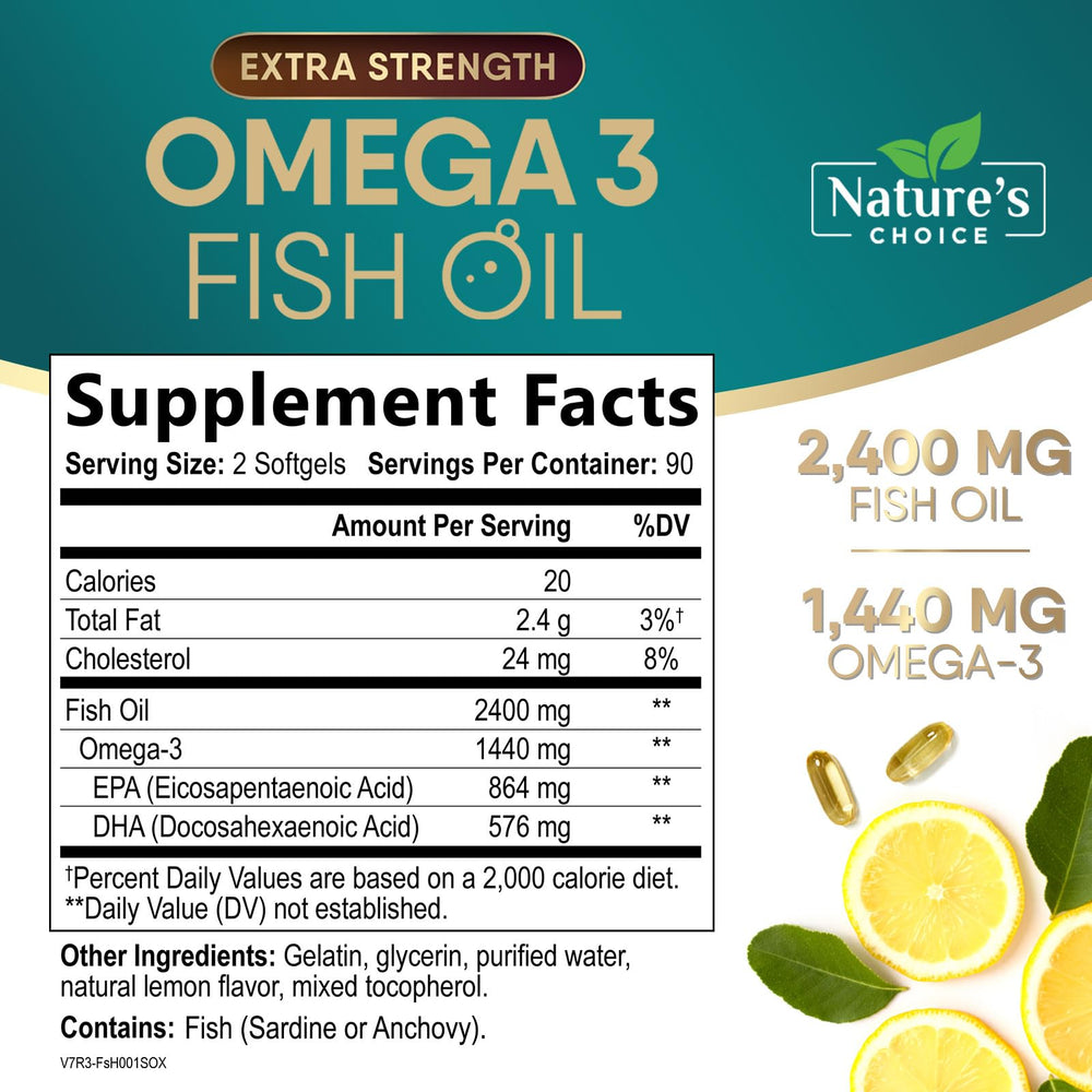 Front view of omega-3 fish oil bottle with 180 softgels