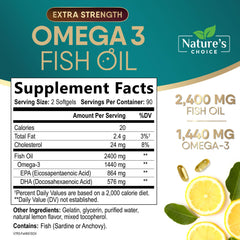 Front view of omega-3 fish oil bottle with 180 softgels