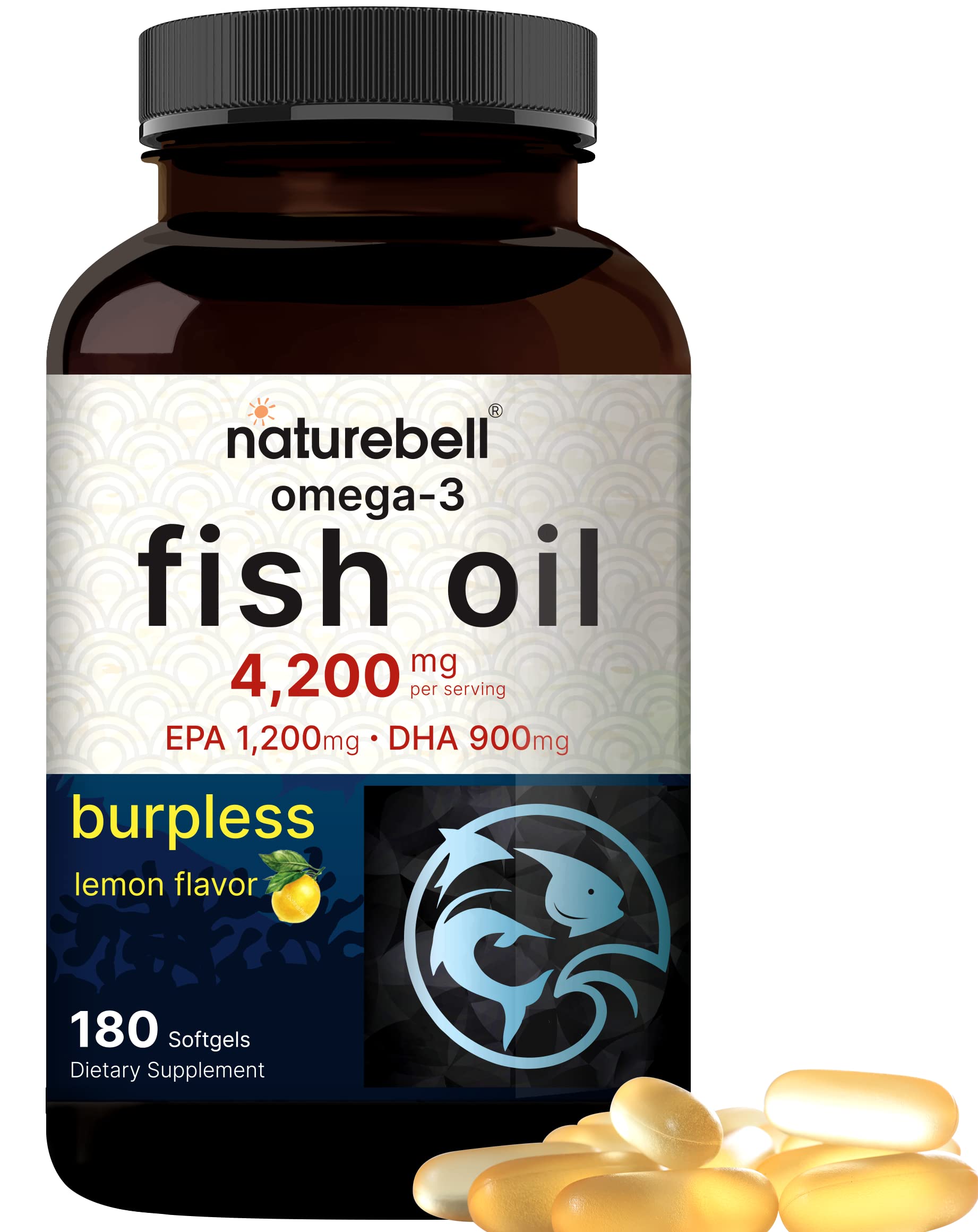 Omega 3 fish oil bottle with 180 burpless lemon-flavored softgels