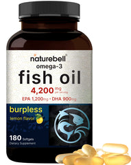 Omega 3 fish oil bottle with 180 burpless lemon-flavored softgels