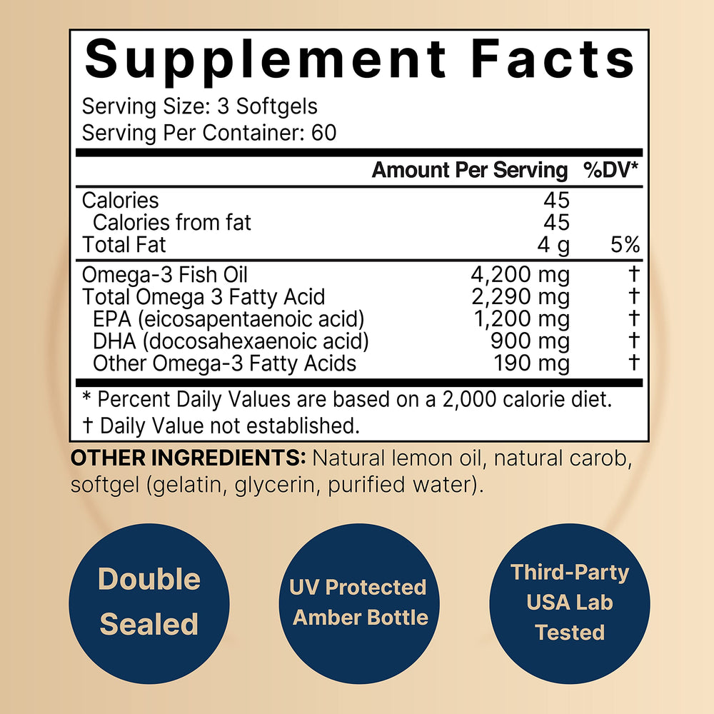 Close-up of 4,200mg omega-3 per serving: 1,200mg EPA and 900mg DHA