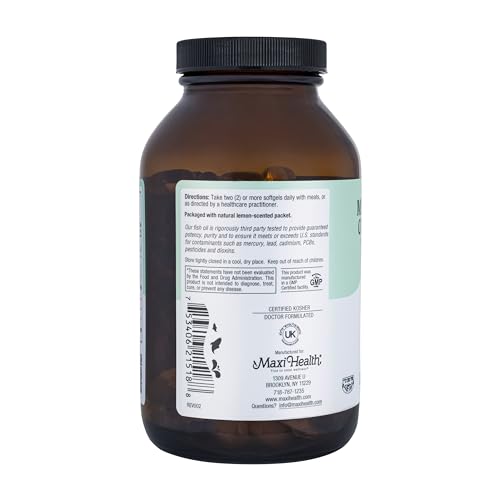 Kosher-certified omega-3 fish oil, gluten-free, no artificial flavors or preservatives