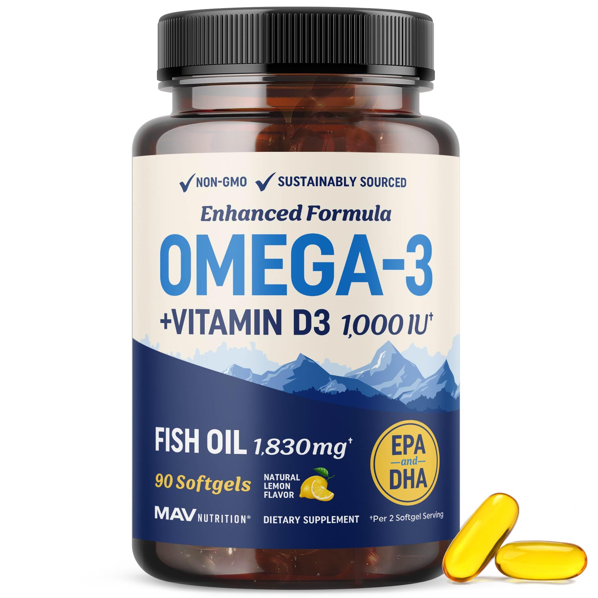 Omega-3 Fish Oil with Vitamin D3 bottle and label