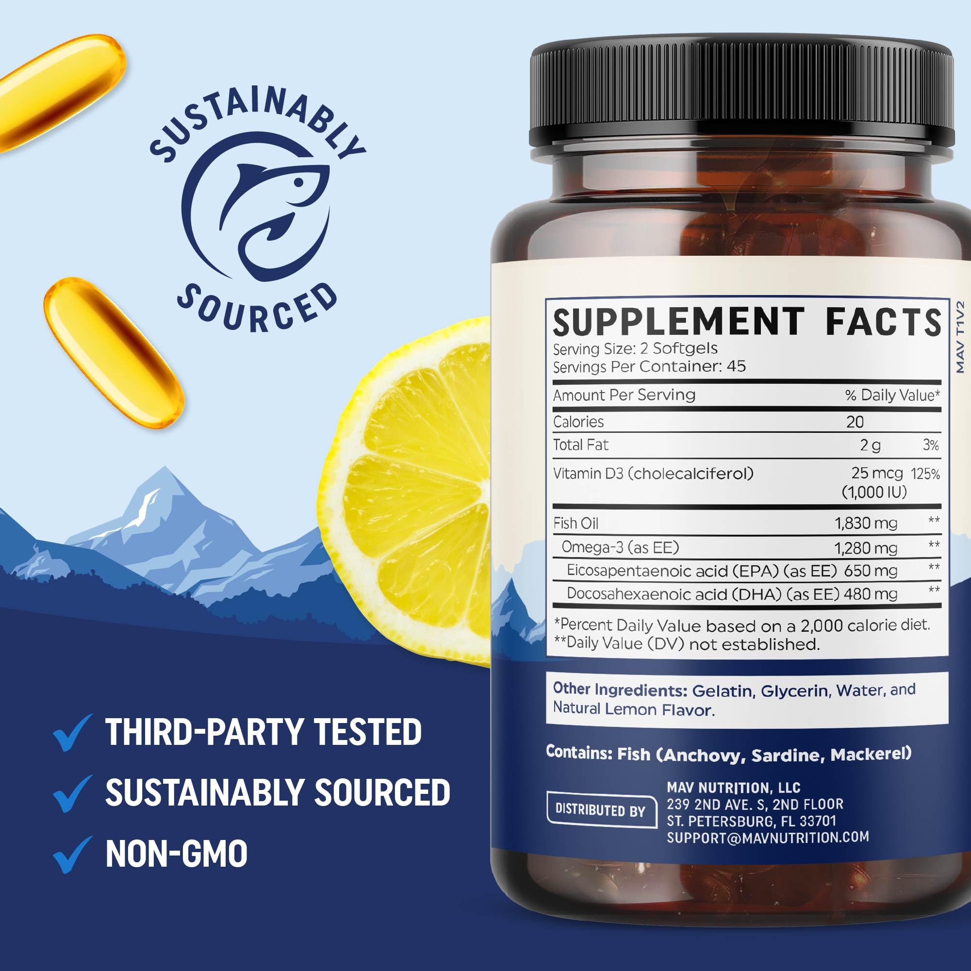 Sustainably sourced, non-GMO fish oil icon