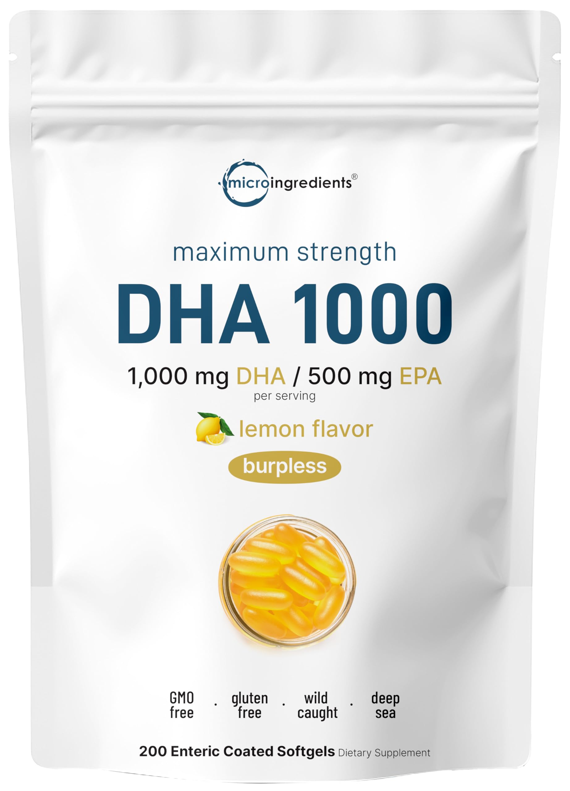 Omega-3 fish oil bottle with lemon-flavored DHA 1000mg and EPA 500mg softgels
