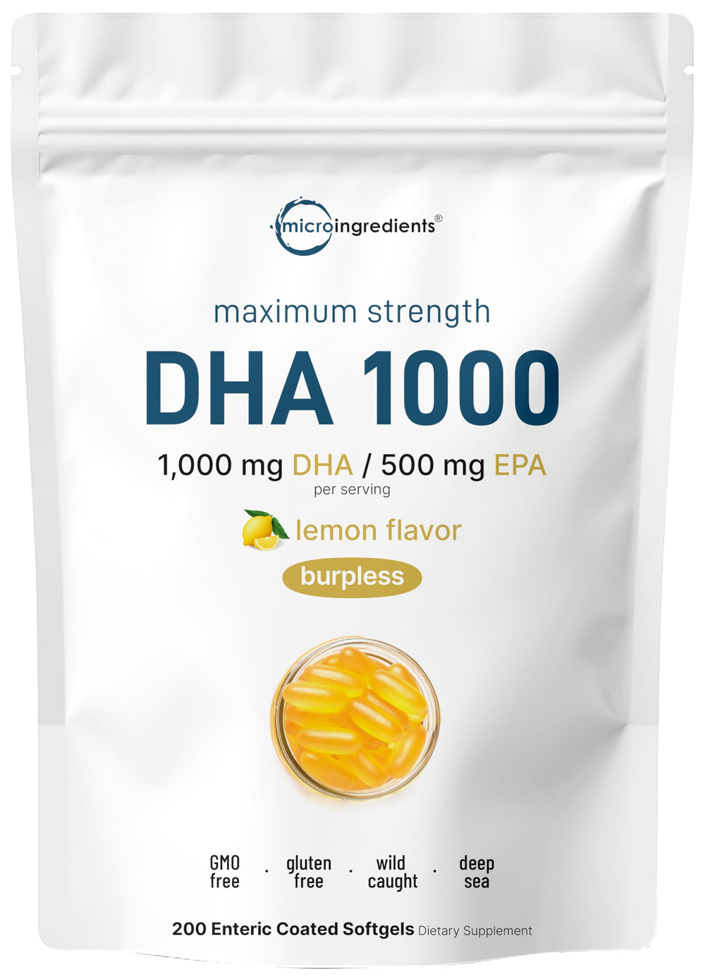 Omega-3 fish oil bottle with lemon-flavored DHA 1000mg and EPA 500mg softgels