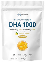 Omega-3 fish oil bottle with lemon-flavored DHA 1000mg and EPA 500mg softgels
