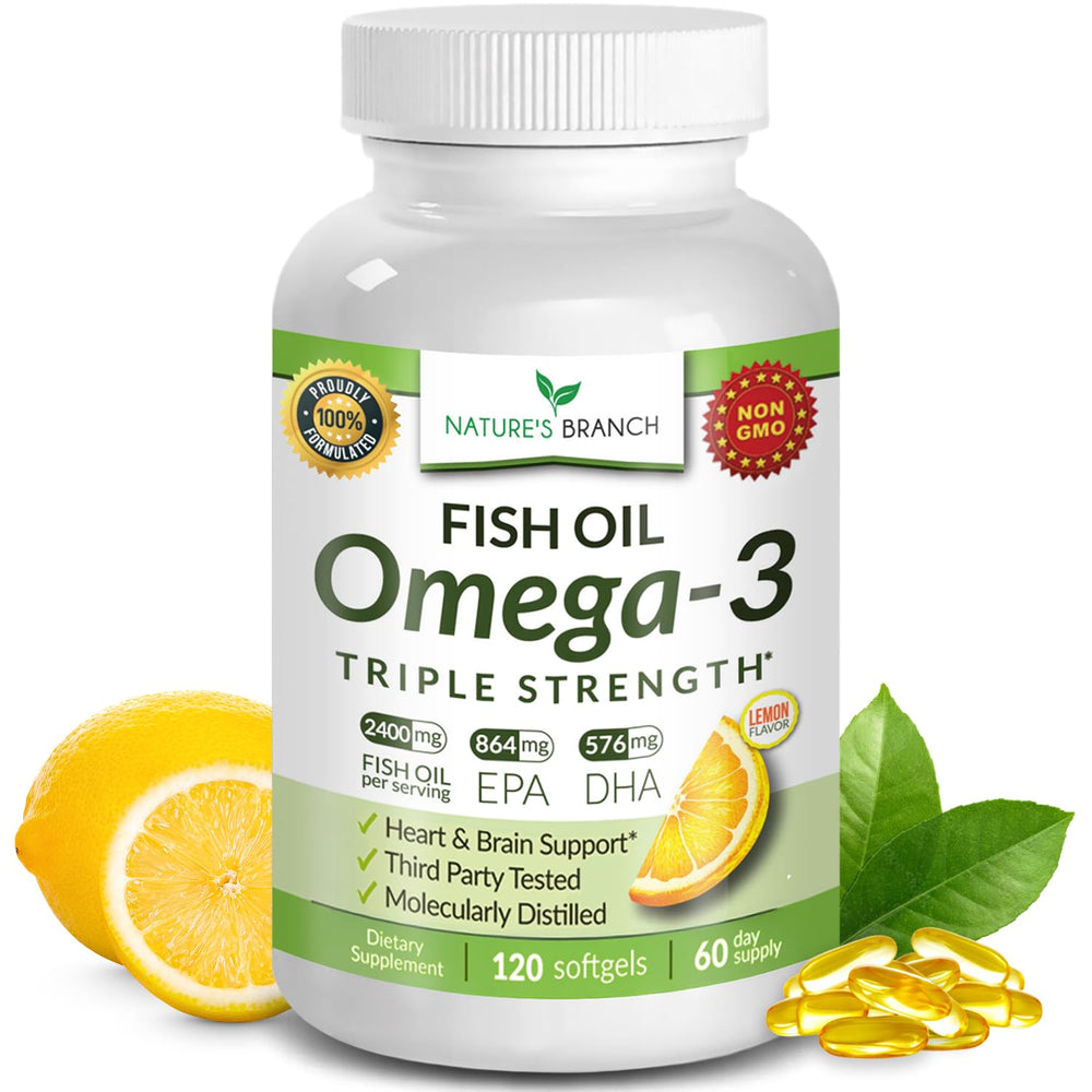 Bottle of triple strength omega-3 fish oil lemon burpless softgels