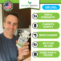 Close-up of omega-3 fish oil softgels showing EPA and DHA amounts