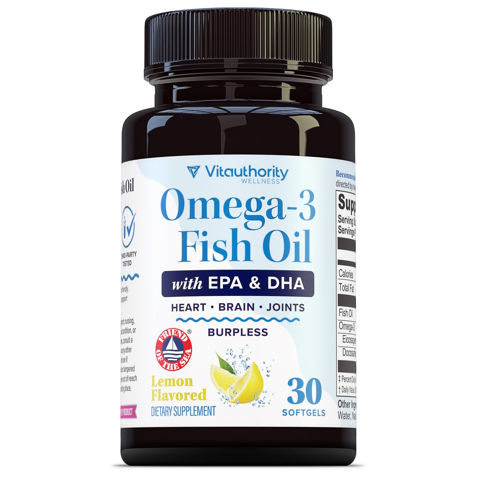 Omega 3 Fish Oil supplement lemon-flavored bottle front