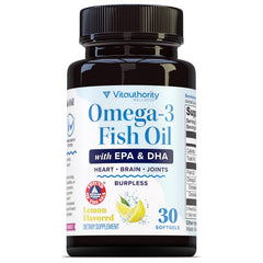 Omega 3 Fish Oil supplement lemon-flavored bottle front