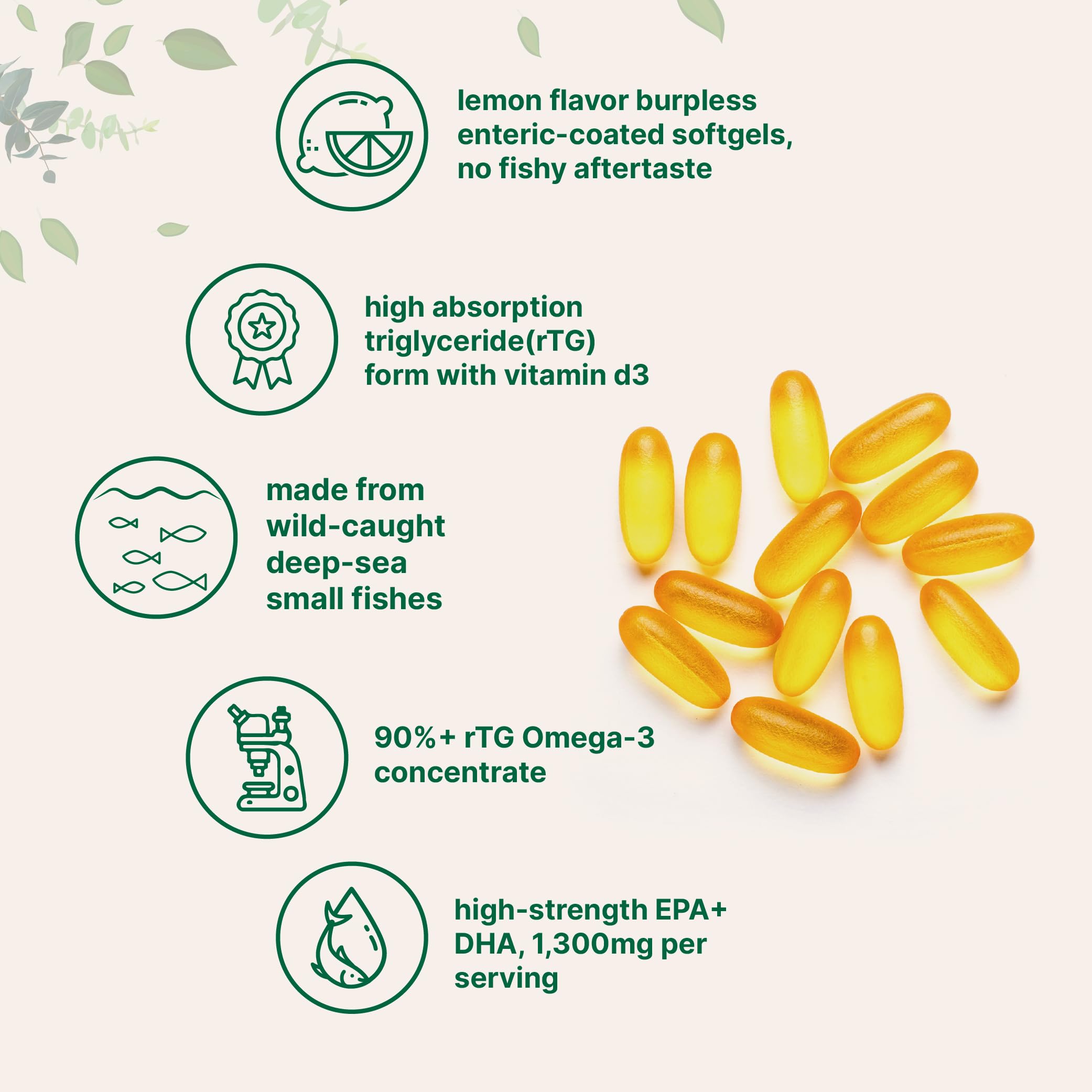 Vitamin D3 enhanced omega-3 burpless softgels with lemon flavor