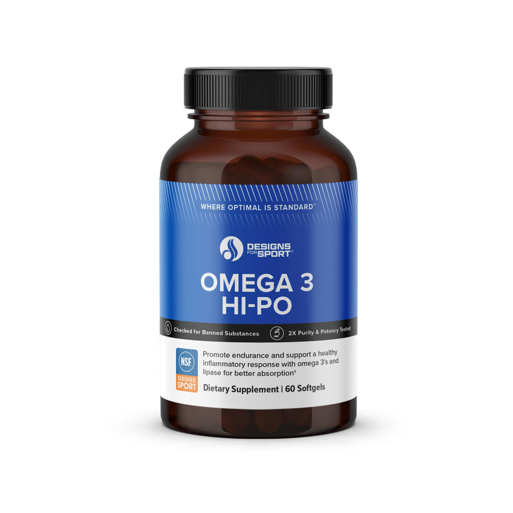 Front view of a Designs for Sport Omega 3 HI-PO bottle with 60 softgels