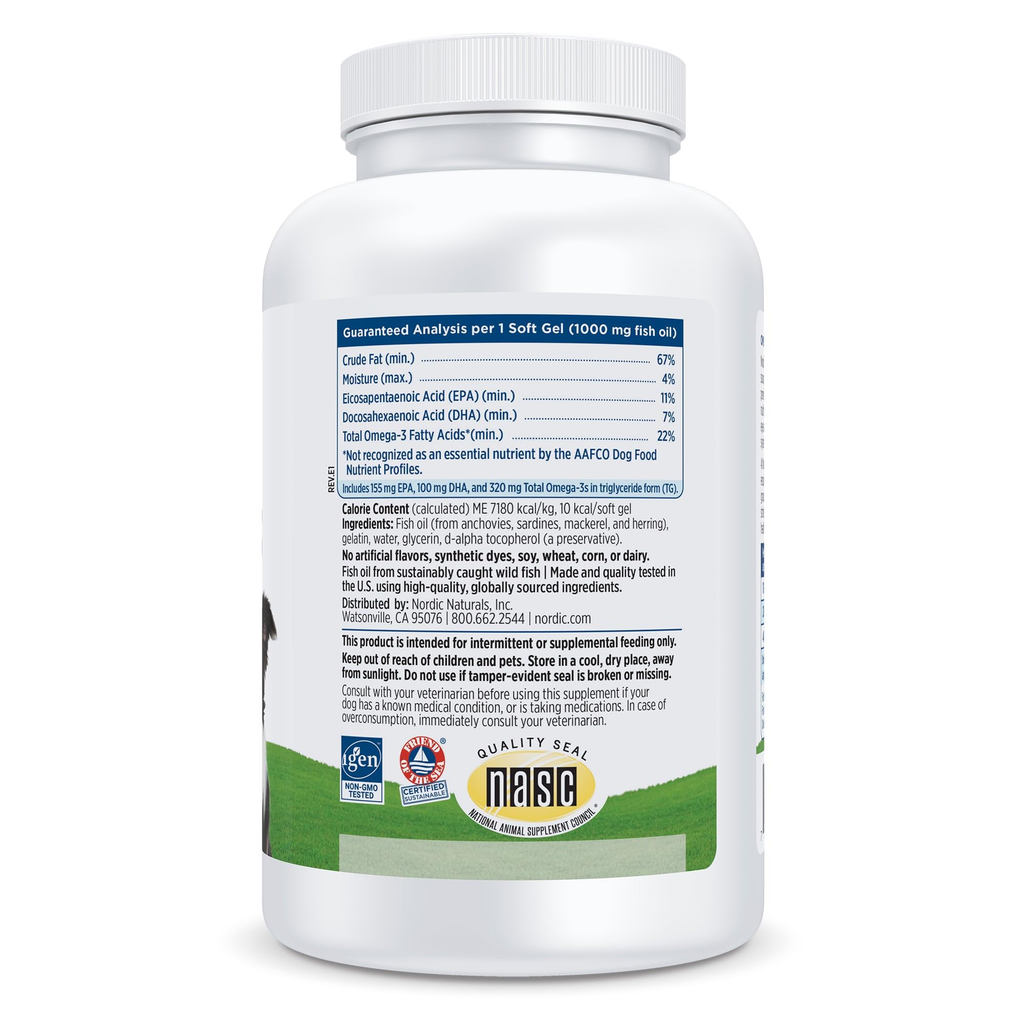 Close-up of omega-3 pet dog soft gels bottle