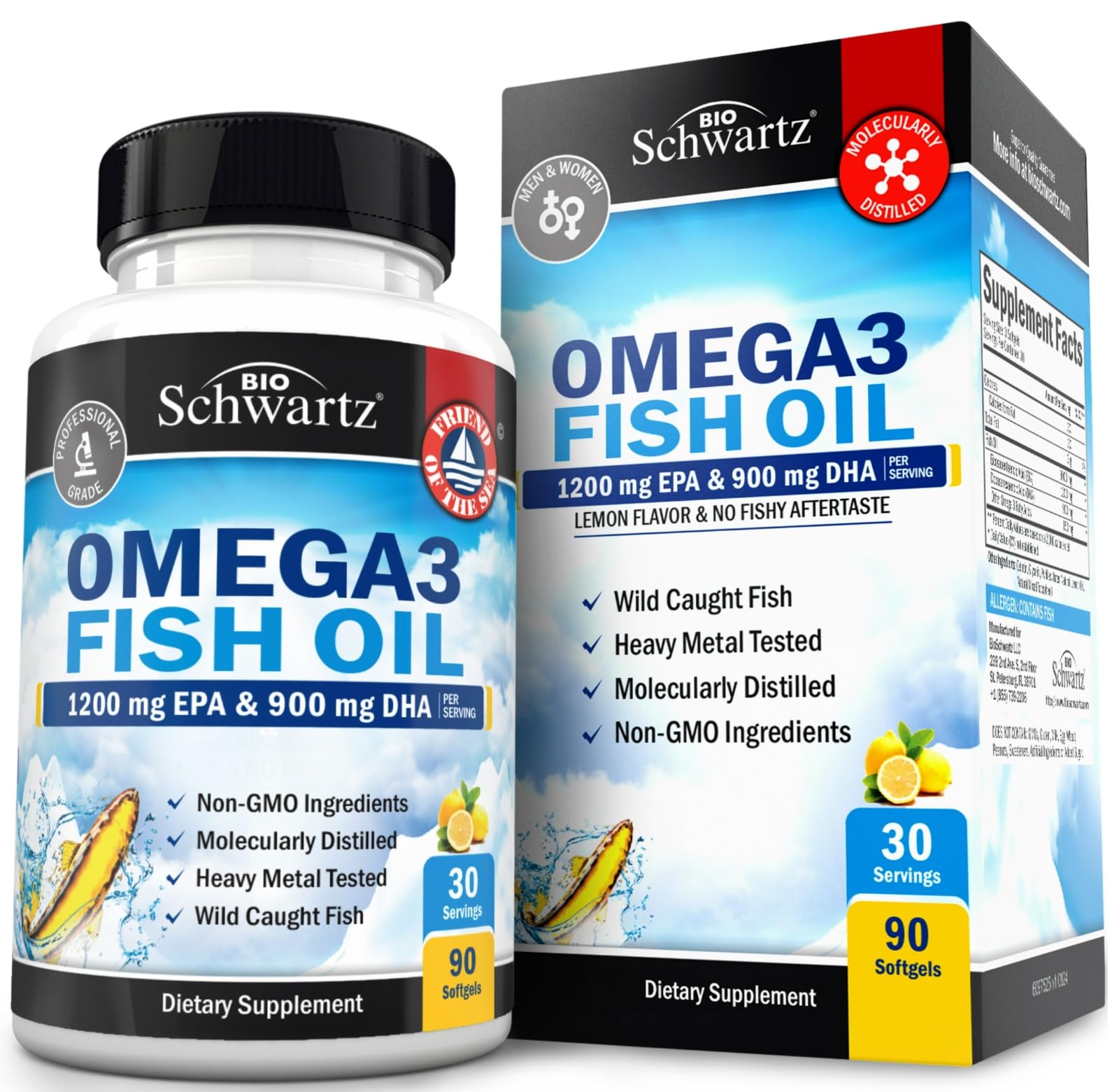 Bottle of Triple Strength Omega-3 Fish Oil Softgels with lemon flavor label