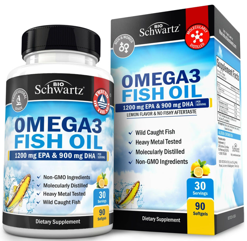 Bottle of Triple Strength Omega-3 Fish Oil Softgels with lemon flavor label