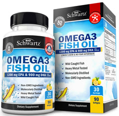 Bottle of Triple Strength Omega-3 Fish Oil Softgels with lemon flavor label